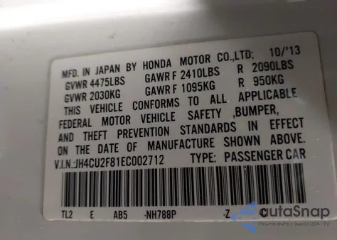 2014 Acura Tsx 2.4 z USA, uszkodzony, nr VIN JH4CU2F81EC002712